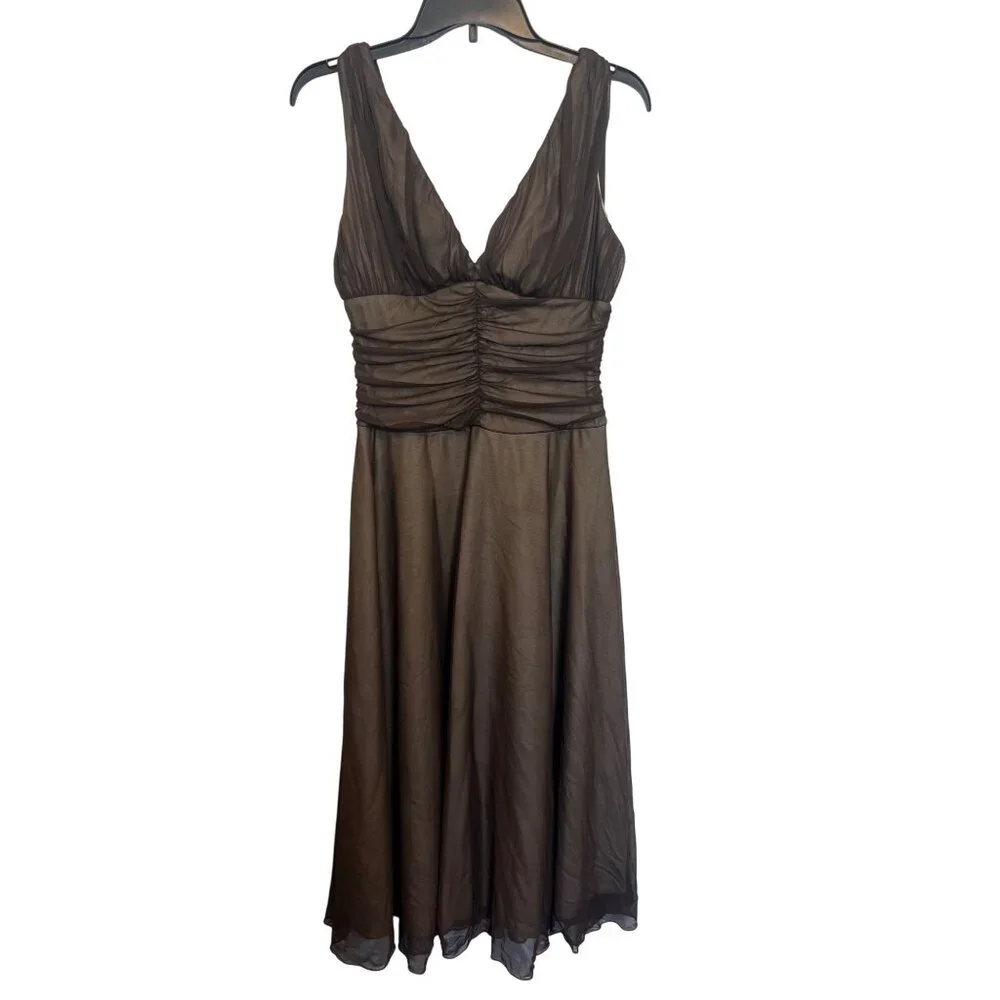 Connected Apparel Brown Sleeveless V-Neck Ruched Bodice Chiffon Dress Size 12 - Picture 1 of 5